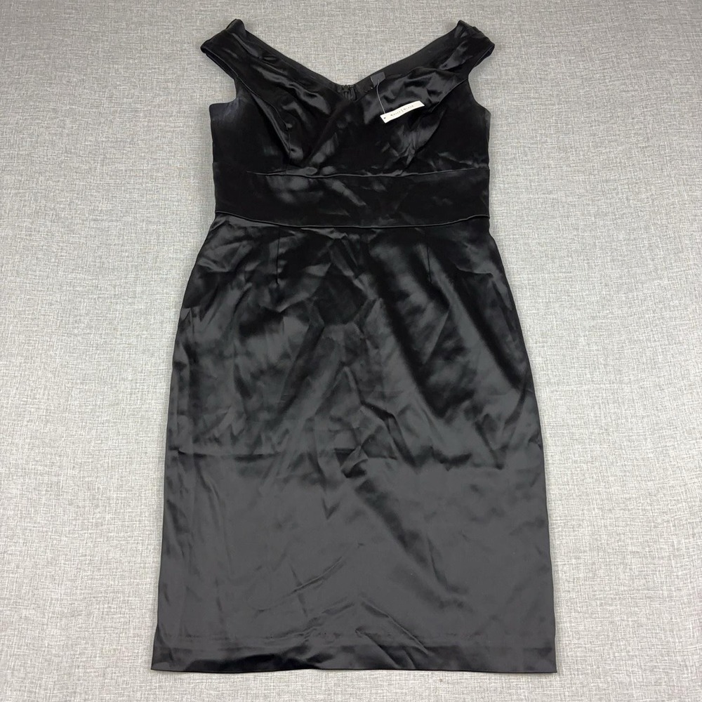 White House Black Market Dress Womens 12 Black Satin Sheath V-Neck Knee Length